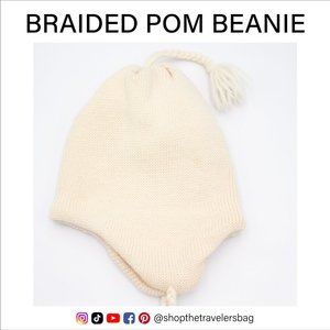 Beanie Knit Pom Braids Off-White Beige
